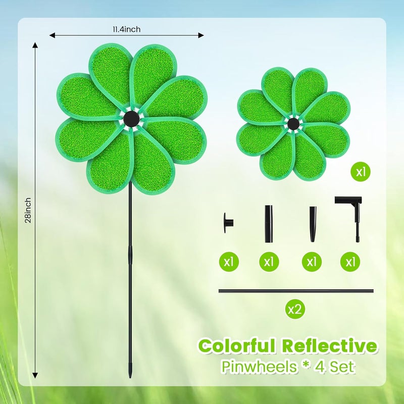 DECEED 4PCS 11.4" W x 28" H Reflective Pinwheels Sparkly Lawn Wind Spinners Colorful Rainbow Windmill for Garden Decoration Bird Devices Deterrent to Scare Birds Away（Green） - Image 3